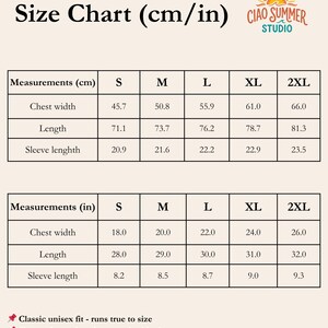 sardines and spritz club shirt size chart, unisex Italian summer tee measurements, relaxed fit sizing guide