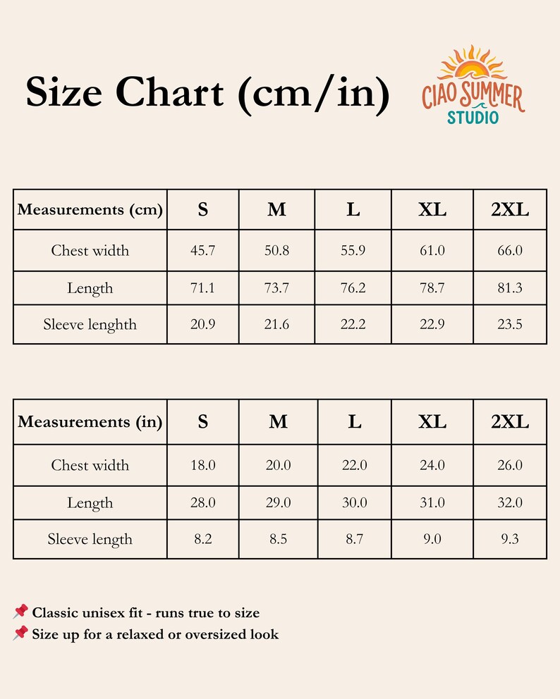 sardines and spritz club shirt size chart, unisex Italian summer tee measurements, relaxed fit sizing guide