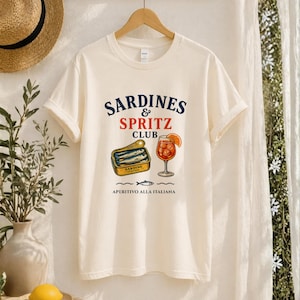 white sardines and spritz club shirt, hanging tee mockup, Italian summer graphic shirt, aperitivo vacation style, amalfi