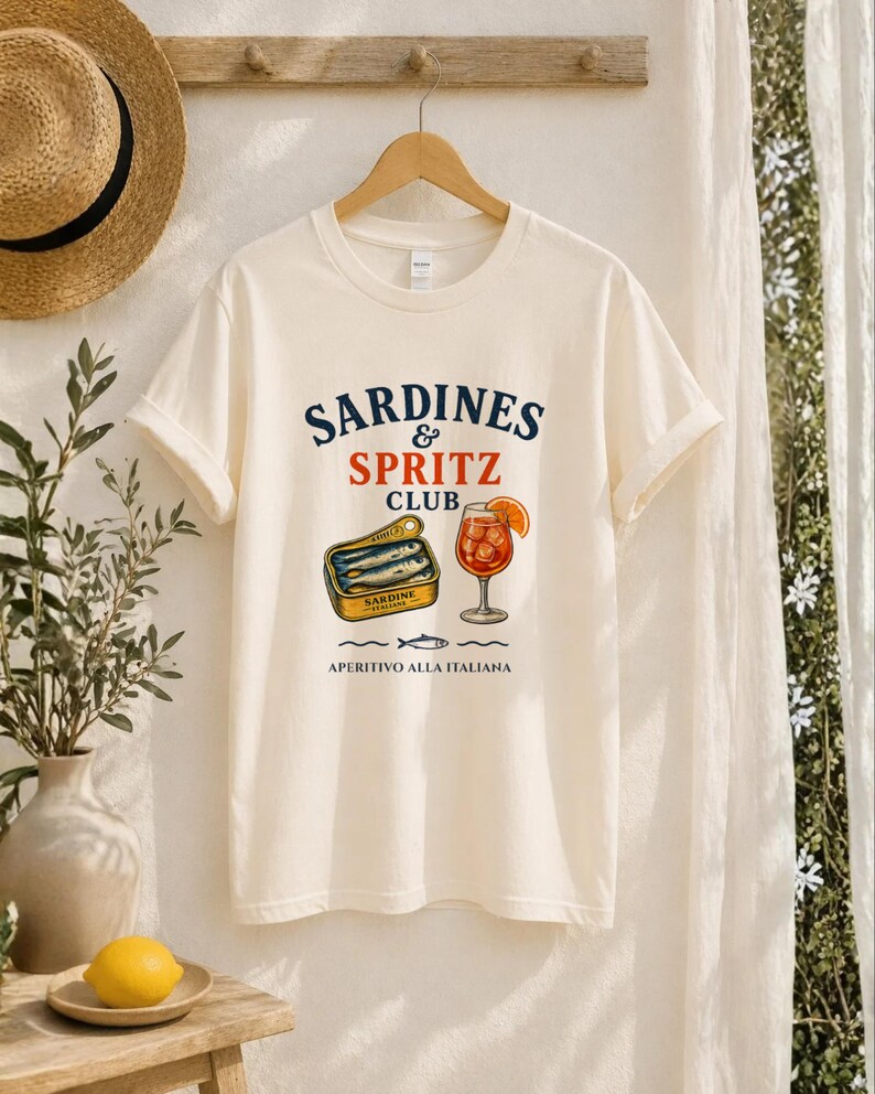 white sardines and spritz club shirt, hanging tee mockup, Italian summer graphic shirt, aperitivo vacation style, amalfi