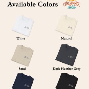 Available colors for Amalfi Sailing Club shirt, including White, Natural, Sand, Navy, Dark Heather Grey, and Black.