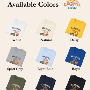 sardines and spritz club shirt colors, Italian summer tee color options, navy natural yellow light blue white black