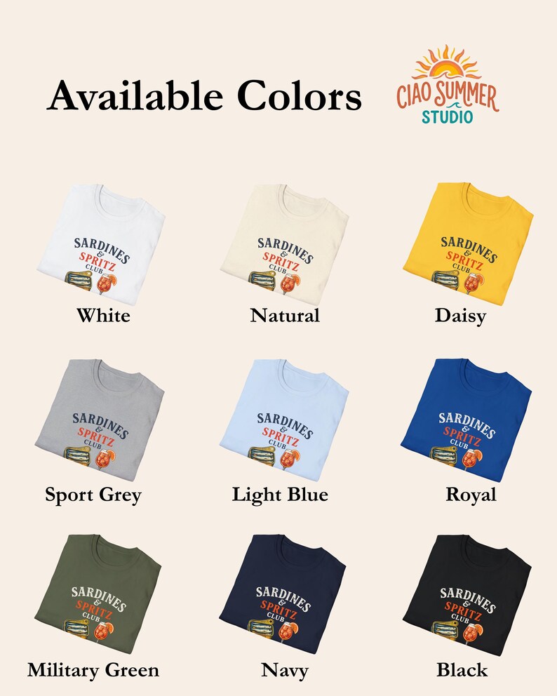 sardines and spritz club shirt colors, Italian summer tee color options, navy natural yellow light blue white black