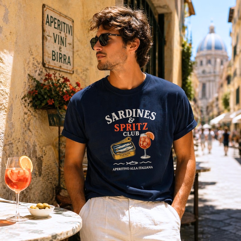 navy sardines and spritz club shirt, italian summer tee, aperitivo graphic shirt, men’s Mediterranean vacation outfit, Italy street, Vatican