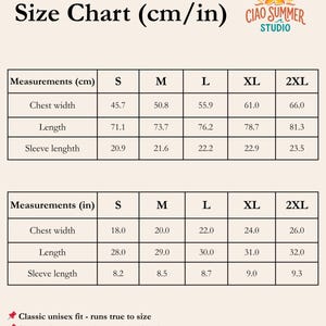Size chart for Amalfi Sailing Club unisex graphic tee with measurements in centimeters and inches.