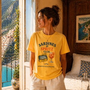 yellow sardines and spritz club shirt, beach holiday tee, Italian summer outfit, spritz graphic vacation shirt, amalfi coast shirt