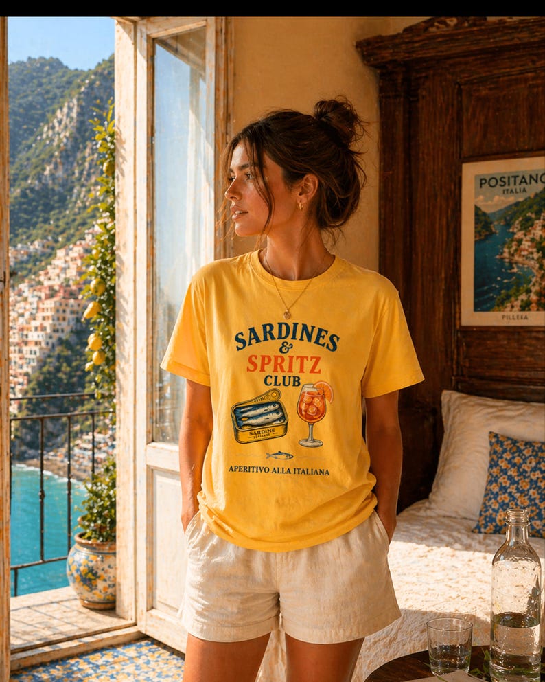 yellow sardines and spritz club shirt, beach holiday tee, Italian summer outfit, spritz graphic vacation shirt, amalfi coast shirt