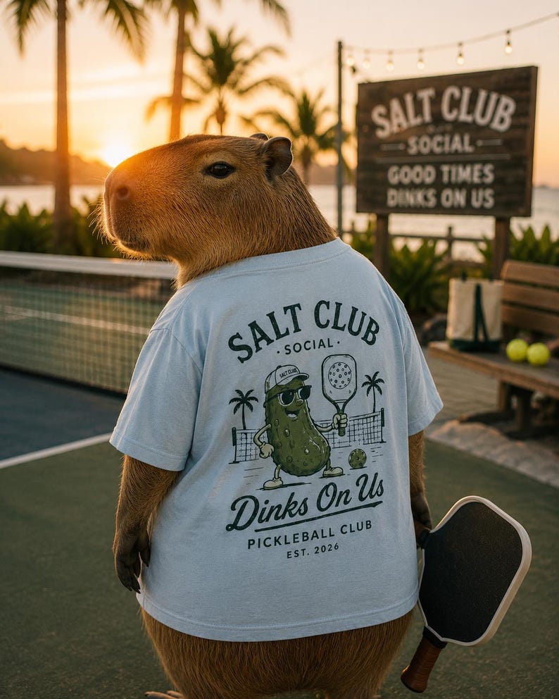 May include: A light blue t-shirt featuring a graphic of a pickle wearing sunglasses and a cap, holding a pickleball paddle. The text reads SALT CLUB SOCIAL, Dinks On Us, PICKLEBALL CLUB, EST. 2026. The design includes palm trees and a net.