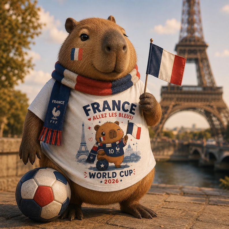 May include: A brown capybara wearing a white t-shirt with a graphic of a capybara, the Eiffel Tower, and the text FRANCE ALLEZ LES BLEUS WORLD CUP 2026. It wears a blue, white, and red scarf, has a flag painted on its cheek, and holds a French flag.