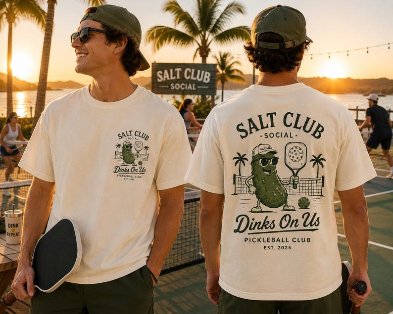 May include: An off-white t-shirt featuring a graphic of a pickle wearing sunglasses and a cap, holding a pickleball paddle. The text reads SALT CLUB SOCIAL, Dinks On Us, PICKLEBALL CLUB, EST. 2026. The design appears on the front chest and back.