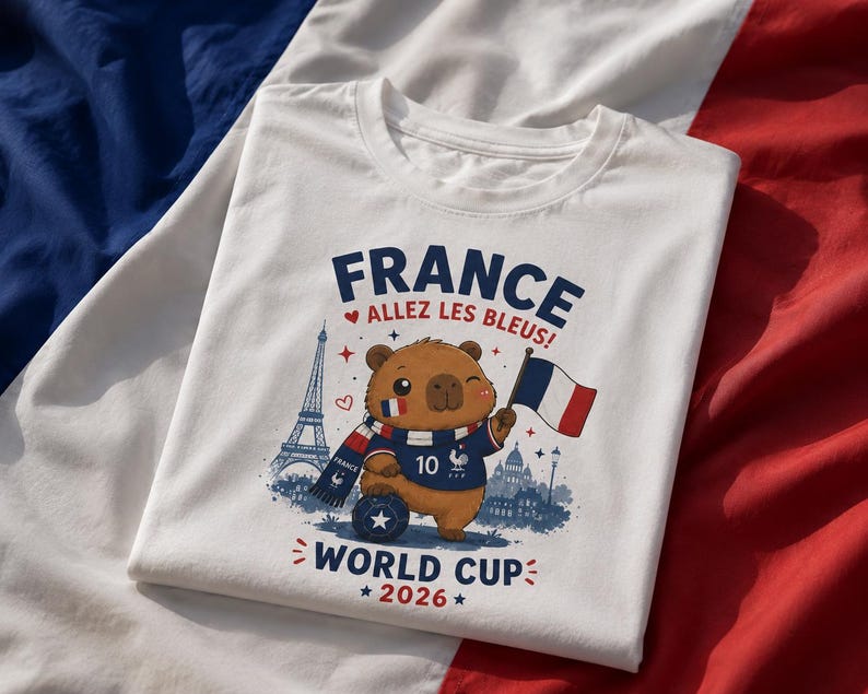 May include: A white t-shirt featuring a graphic of a brown capybara wearing a blue jersey with the number 10 and a scarf. The design includes the text FRANCE ALLEZ LES BLEUS! WORLD CUP 2026, the Eiffel Tower, a French flag, and a soccer ball.