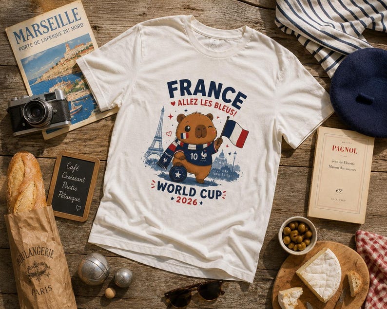 May include: A white short-sleeve t-shirt featuring a graphic of a brown capybara wearing a blue soccer jersey with the number 10, a scarf, and holding a French flag. The text reads FRANCE ALLEZ LES BLEUS! WORLD CUP 2026 with an Eiffel Tower illustration.