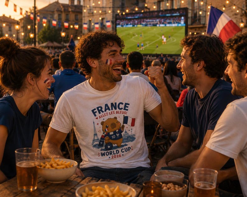 May include: A crowd watches a football match on a large screen. One person wears a white t-shirt with a bear graphic, the French flag, and the text "France, World Cup 2026". French flags are visible in the background, with fairy lights strung above.