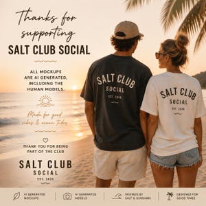 May include: Two t-shirts with the text SALT CLUB SOCIAL EST. 2026 printed on the back. One shirt is dark gray and the other is off-white. The image includes text stating that all mockups and human models are AI generated.