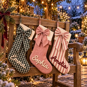 Pode incluir: Três meias de Natal personalizadas com laços e punhos de tecido. A primeira é xadrez verde e branca com o nome Emma, a segunda é rosa seco com o nome Sophia e a terceira é listrada de vermelho e branco com o nome Amelia.