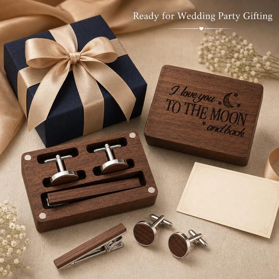 A matching tie clip and cufflink set hand-crafted from actual black walnut wood — the natural grain makes every set one-of-a-kind, and the gift box presentation sells it as a groomsmen wow-moment.