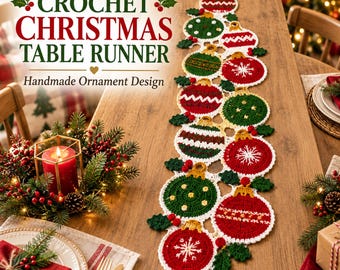 May include: A crochet Christmas table runner featuring a series of interconnected circular ornaments in red, green, and white. The design includes holly leaf accents and gold-colored ornament caps. Text reads: CROCHET CHRISTMAS TABLE RUNNER Handmade Ornament Design.