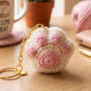 May include: A handmade, crocheted cat paw keychain in cream and pink. The paw pad and toe beans are pink, with a cream-colored background. A gold-colored chain and star charm are attached to the keychain ring.