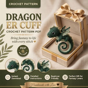 Puede incluir: Un patrón de crochet para un brazalete de dragón, presentado en una caja de regalo. El dragón es verde con detalles dorados. El texto de la imagen dice "Dragon Er Cuff Crochet Pattern PDF" y "Da vida a la fantasía con cada puntada."