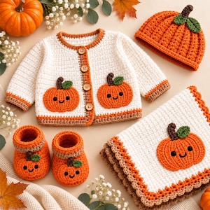May include: A crochet baby set featuring a white cardigan with brown buttons and orange pumpkin appliqués, a matching orange pumpkin-shaped beanie, a pair of orange pumpkin booties, and a white blanket with a large orange pumpkin appliqué.