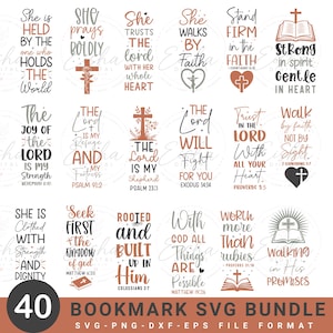 May include: A set of 40 bookmark SVG designs featuring religious quotes and imagery, such as crosses, hearts, and open books. The designs include phrases like "She is Held" and "The Lord is My Shepherd". The bundle is available in SVG, PNG, DXF, and EPS file formats.