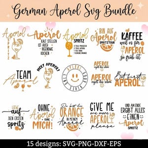 Könnte beinhalten: Ein digitales Design-Bundle mit 15 Aperol-Designs in den Formaten SVG, PNG und DXF. Die Designs zeigen Cocktailgläser, Orangenscheiben und Sätze wie "Team Aperol" und "But first, Aperol". Das Farbschema ist hauptsächlich Orange und Gold.