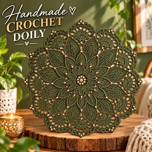 Könnte beinhalten: Ein rundes, dunkelolivgrünes Häkeldeckchen mit einem komplexen, symmetrischen Blumenmuster aus geschichteten Blütenblättern und kleinen, eingearbeiteten goldenen Metallperlen. Der Text "Handmade CROCHET DOILY" ist oben zu sehen.