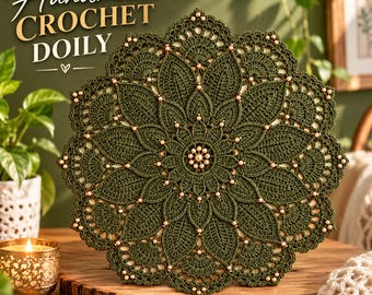 May include: A round, dark olive green crochet doily featuring a complex, symmetrical floral pattern with layered petals and small, metallic gold beads integrated throughout the design. The text "Handmade CROCHET DOILY" is visible at the top.
