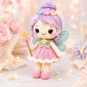 May include: A crochet doll featuring lavender hair styled in a bun with small pastel flowers, wearing a pink dress with a white scalloped hem and green leaf collar. The doll has light blue wings and holds a small yellow star wand with a pink bow.