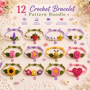 Op de afbeelding: Een digitale weergave van een bundel met 12 haakpatronen voor armbanden. De afbeelding toont twaalf verschillende handgemaakte armbanden met motieven zoals bloemen, een aardbei, een wolk, een ster, een bij en een hart, genummerd van één tot twaalf.