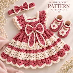 May include: A crochet dress, headband, and pair of shoes in dark pink and cream. The dress features a large bow, ruffled sleeves, and a scalloped hem. The text reads DIGITAL CROCHET PATTERN PDF DOWNLOAD. The items have a matching floral motif.