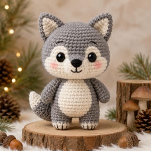 May include: A gray and cream-colored crochet wolf plush toy with large black safety eyes, a small black stitched nose, and pink embroidered cheeks. The stuffed animal features pointed ears, a round belly, and a bushy tail in a standing pose.