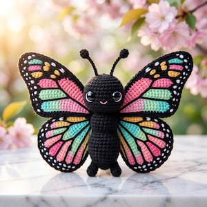 May include: A crocheted butterfly toy with a black body and vibrant wings. The wings display a pattern of pink, yellow, green, and blue, edged in black with white dots. The butterfly has large, round eyes and antennae.