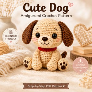 Könnte beinhalten: Ein beigefarbener Amigurumi-Häkelhund mit dunkelbraunen Ohren, rotem Halsband und schwarzen Augen. Der Text lautet: Cute Dog Amigurumi Crochet Pattern, Beginner Friendly, Instant Download und Step-by-Step PDF Pattern. Mit Pfotenabdruck-Details.