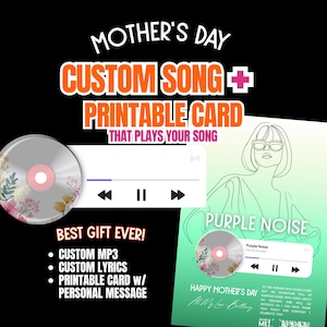 Può includere: Set regalo per la festa della mamma con canzone personalizzata e biglietto stampabile. Il design include un CD con accenti floreali, un'interfaccia del lettore musicale e un biglietto con la scritta "Purple Noise".