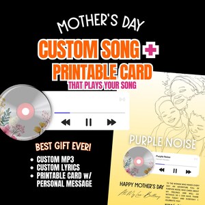 Può includere: Un concetto di regalo digitale per la festa della mamma con una canzone personalizzata e una scheda stampabile. Il design include un CD con accenti floreali, un'interfaccia del lettore musicale e il testo "Il miglior regalo di sempre!" e "Buona festa della mamma."