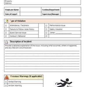 May include: An employee warning notice with a red exclamation point symbol at the top. The form includes fields for employee name, type of violation, and a description of the incident. There is also a section for previous warnings.