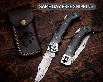 Father's Day Gift for Dad, Damascus Black Wood Pocket Knife, Personalized Engraved Folding Knife, Custom Groomsmen Gift, Birthday Him Men