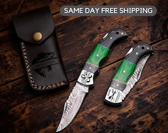 Father's Day Knife Gift, Damascus Folding Pocket Knife, Personalized Engraved Gift for Dad, Custom Groomsmen Knife, Birthday Gift for Him