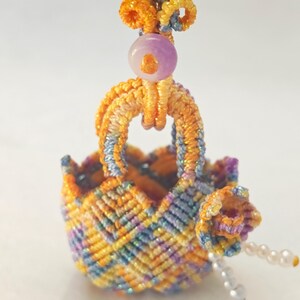 Micro Macrame Lucky Basket Charm -  Rainbow Artisan Ita Bag Accessory with Natural Agate & Pearls - One-of-a-Kind Mini Handwoven Pendant