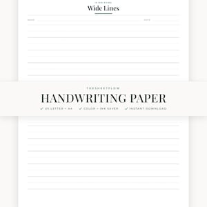 Op de afbeelding: Een wit vel schrijfpapier met horizontale lijnen, voorzien van de tekst Wide Lines, 16 mm rows, Name en Date. Een horizontale band in het midden toont de tekst THESHEETFLOW HANDWRITING PAPER, US LETTER + A4, COLOR + INK SAVER en INSTANT DOWNLOAD.