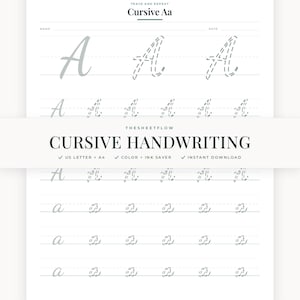 May include: A white printable worksheet for practicing cursive handwriting, featuring the text Trace and Repeat Cursive Aa at the top. The page includes rows of uppercase and lowercase letter A in solid and dashed lines for tracing practice.
