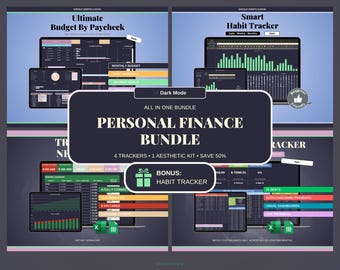Dark Mode Personal Finance Bundle Google Sheets Excel | Budget Planner Debt Payoff Net Worth Sinking Funds Habit Tracker Spreadsheet