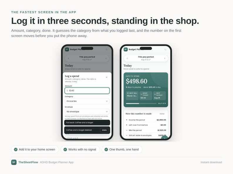 May include: Two smartphones displaying the Budget Planner app interface. The left screen shows a log a spend form with amount and category fields. The right screen displays a dashboard with a safe to spend balance of $498.60 and financial summary.