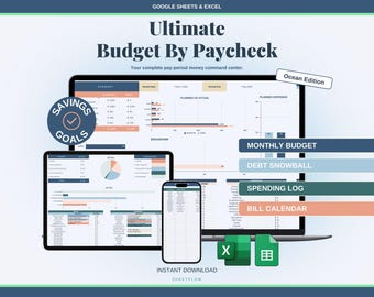 Budget by Paycheck Spreadsheet Google Sheets Excel | Biweekly Monthly Paycheck Planner | Ocean Coastal Blue Zero Based Budget 2026