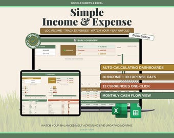 Income and Expense Tracker Spreadsheet, Google Sheets Excel Budget Tracker, Monthly Budget Planner, Multi Currency, Boho Aesthetic