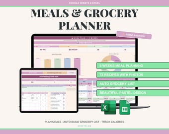 Meal Planner Spreadsheet Google Sheets Excel | Weekly Meal Grocery List Planner | Pastel Aesthetic Family Meal Prep Recipe Template