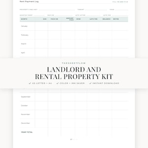 May include: A white printable rent payment log document featuring a table with columns for month, due date, paid date, amount paid, payment method, late fee, balance, and notes. The text includes Rent Payment Log, Landlord and Rental Property Kit.