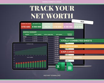 Dark Mode Net Worth Tracker Google Sheets Excel | Personal Wealth Dashboard | Black Theme Asset Liability Tracker Financial Planner