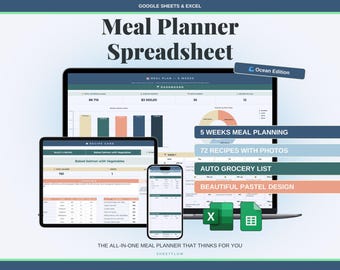 Meal Planner Spreadsheet, Ocean Blue Aesthetic Recipe Organizer & Grocery List Template, Excel Google Sheets Digital Meal Prep Planner